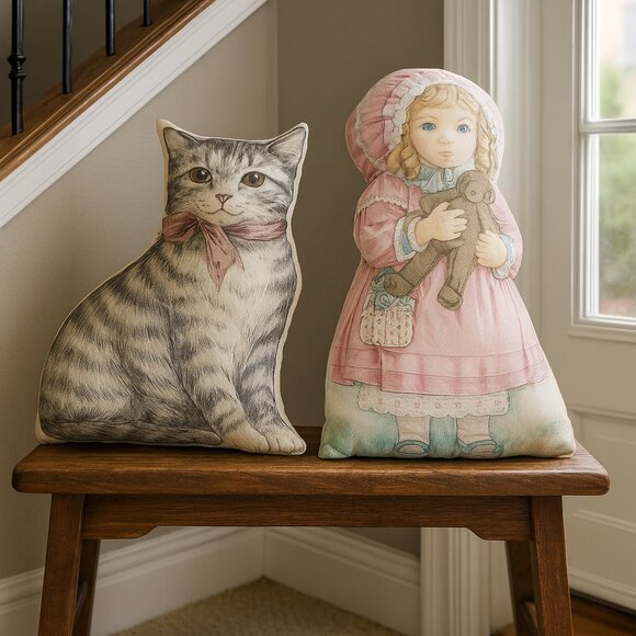 Vintage girl and cat pillows - Picture 1 of 6